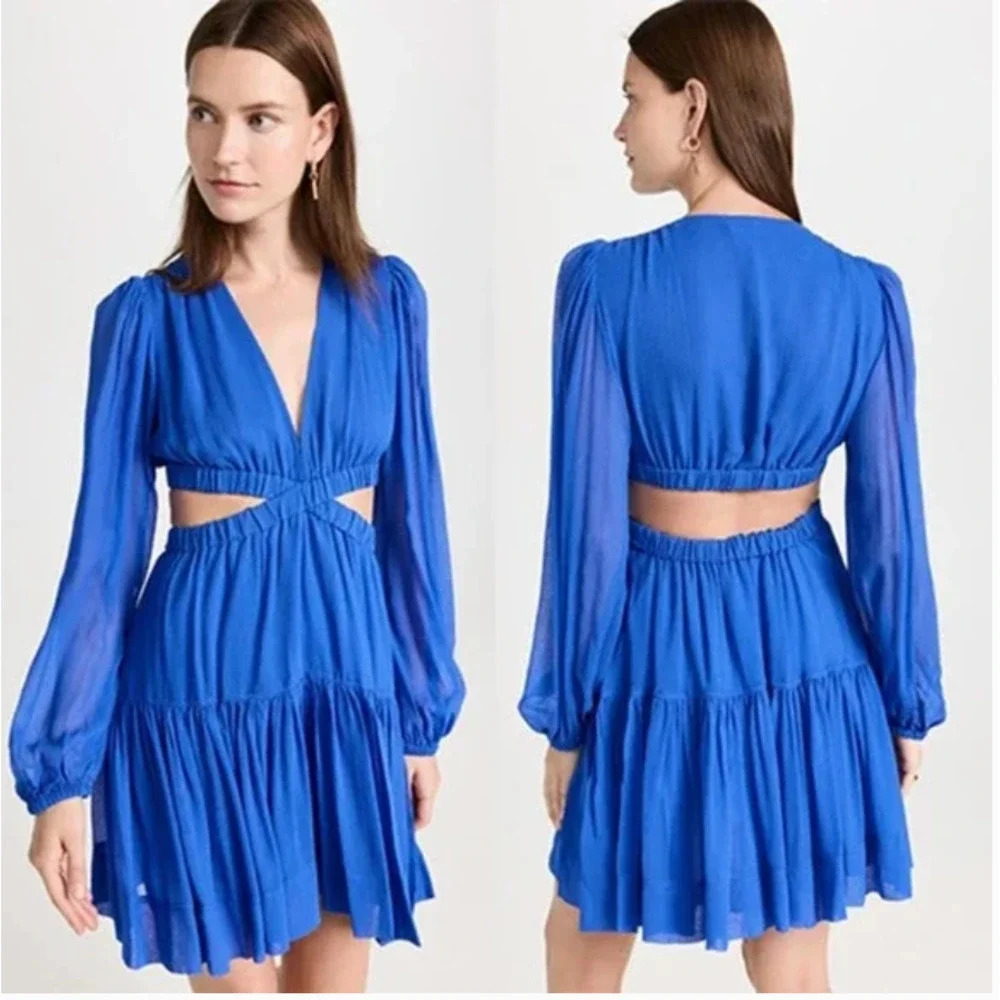 Alc A.L.C. Izzy Ll Mini Dress Long Sleeve Cut-Out Silk Georgette Blue Size 12